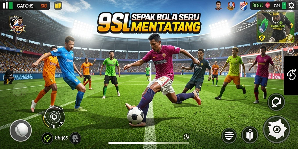 Tampilan gameplay 9SL dengan aksi sepak bola yang seru.