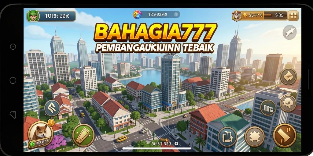 Tampilan gameplay BAHAGIA777 dengan berbagai bangunan dan karakter.
