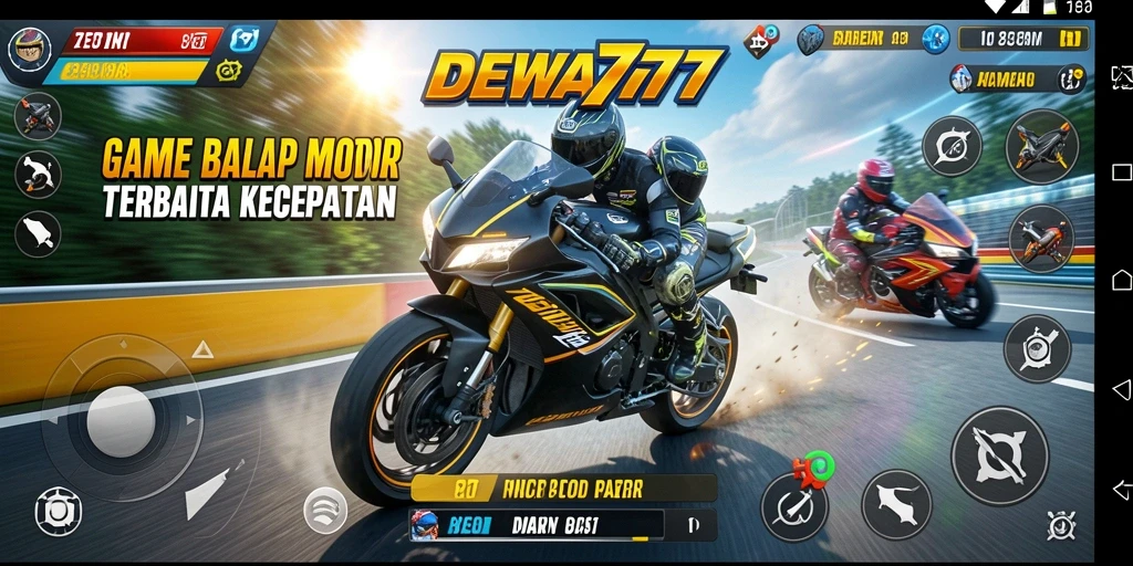 Tampilan gameplay seru DEWA777 saat balapan motor.