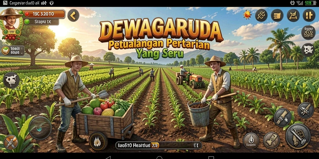Tampilan gameplay seru dalam DEWAGARUDA saat bercocok tanam.