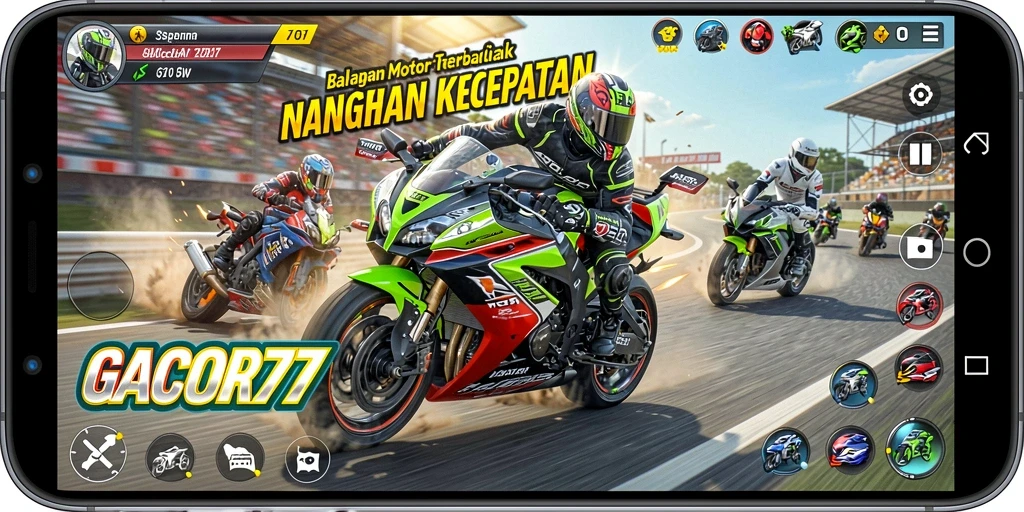 Screenshot gameplay GACOR77 menampilkan aksi balapan motor yang mendebarkan.