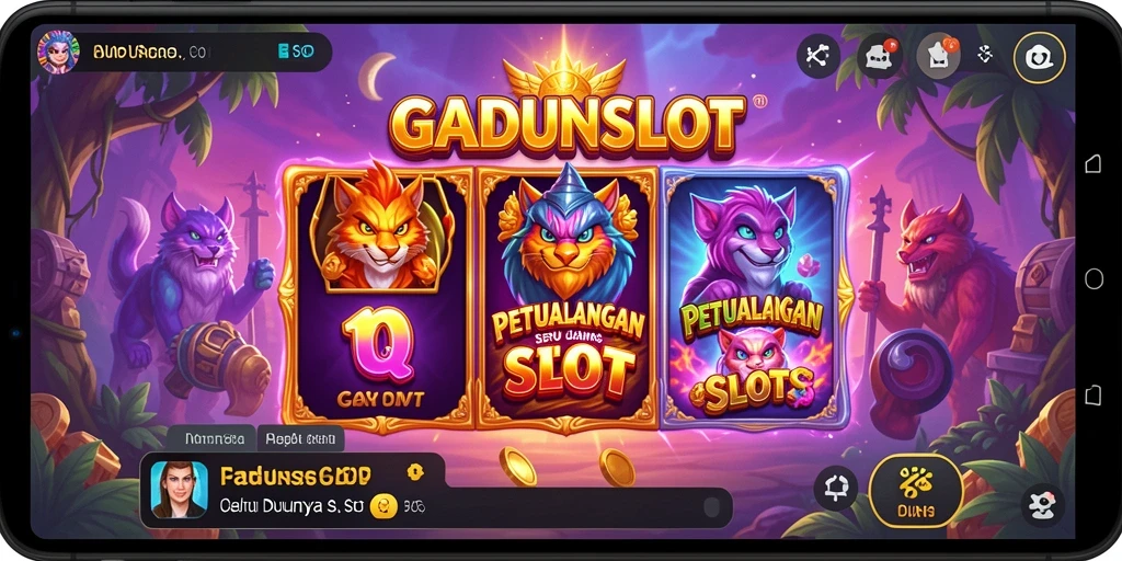 Screenshot gameplay GADUNSLOT menunjukkan aksi memutar slot dan petualangan seru.