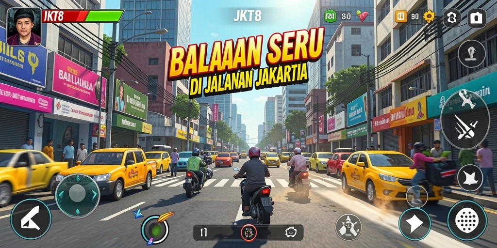 Screenshot JKT8 menampilkan aksi balapan seru di jalanan Jakarta.