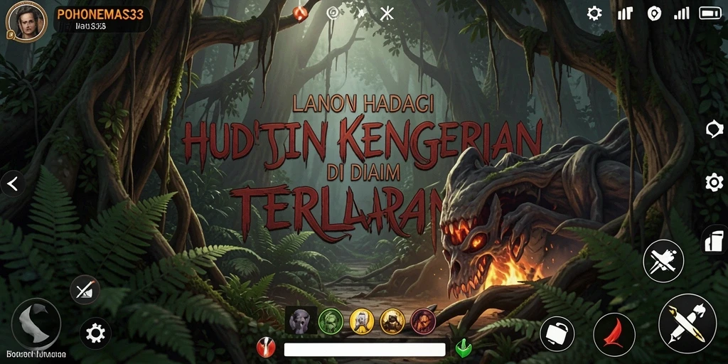 Tampilan seram gameplay POHONEMAS33 yang menegangkan di dalam hutan.