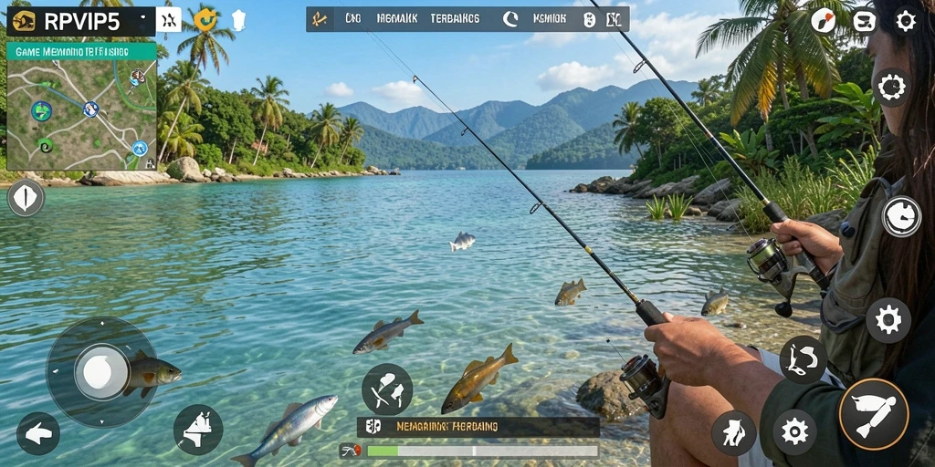 Tampilan gameplay RPVIP5 dengan suasana memancing yang asri dan realistis.