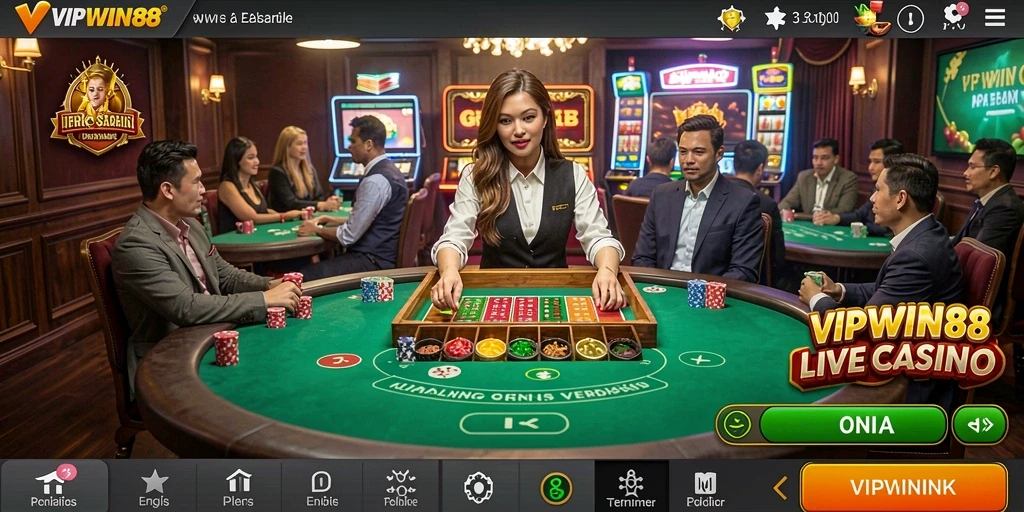 Screenshot utama menunjukkan dealer langsung dan permainan kasino yang menarik.