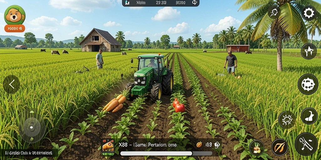 Tampilan gameplay X88 yang menarik saat bertani dan merawat hewan.